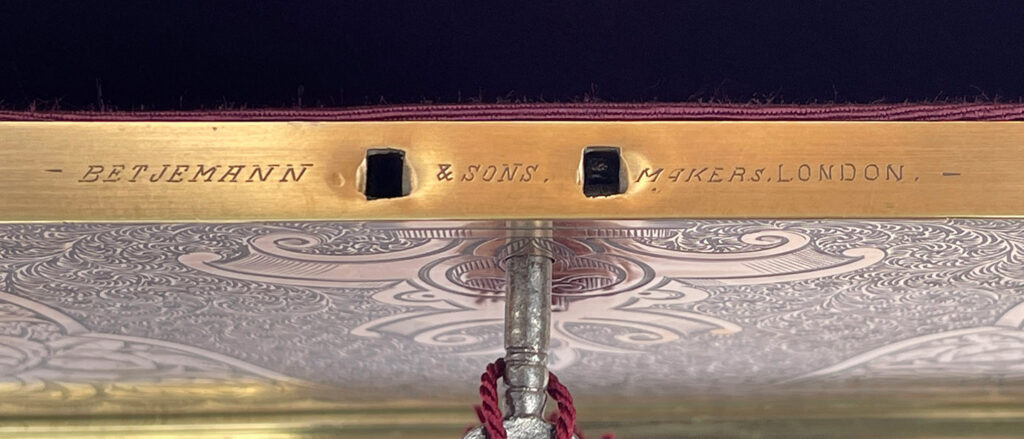 Makers mark from an Antique Engraved Brass Jewellery Box, by George Betjemann and Sons.