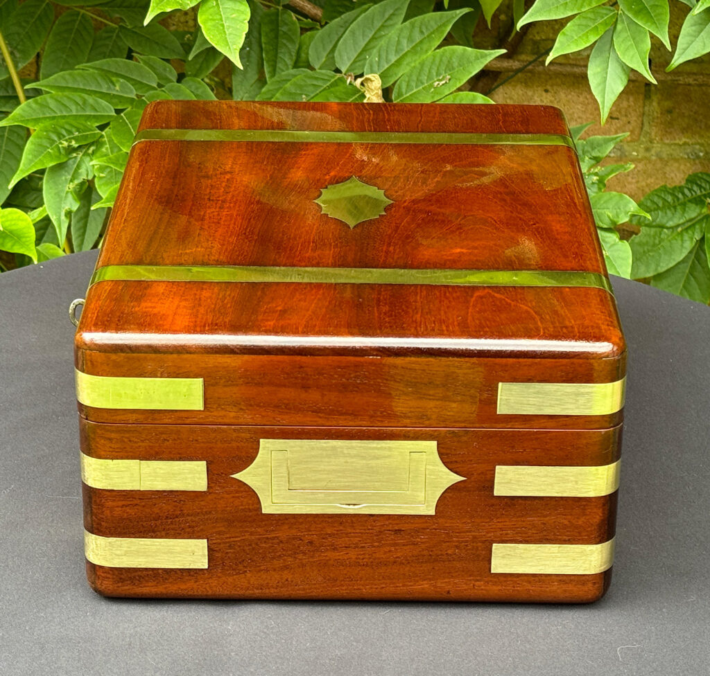 Right side view of an Antique Travelling Jewellery Box in Solid Mahogany.