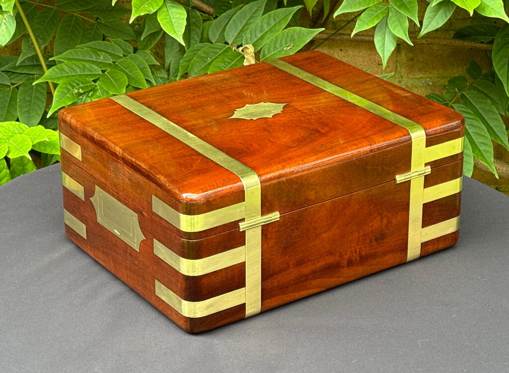 Rear right view of an Antique Travelling Jewellery Box in Solid Mahogany.
