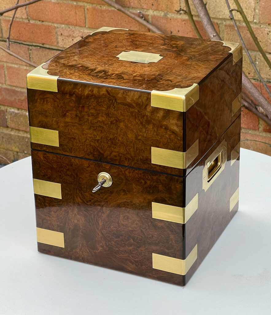Front right view of an Antique Jewellery Box in Burr Walnut.
