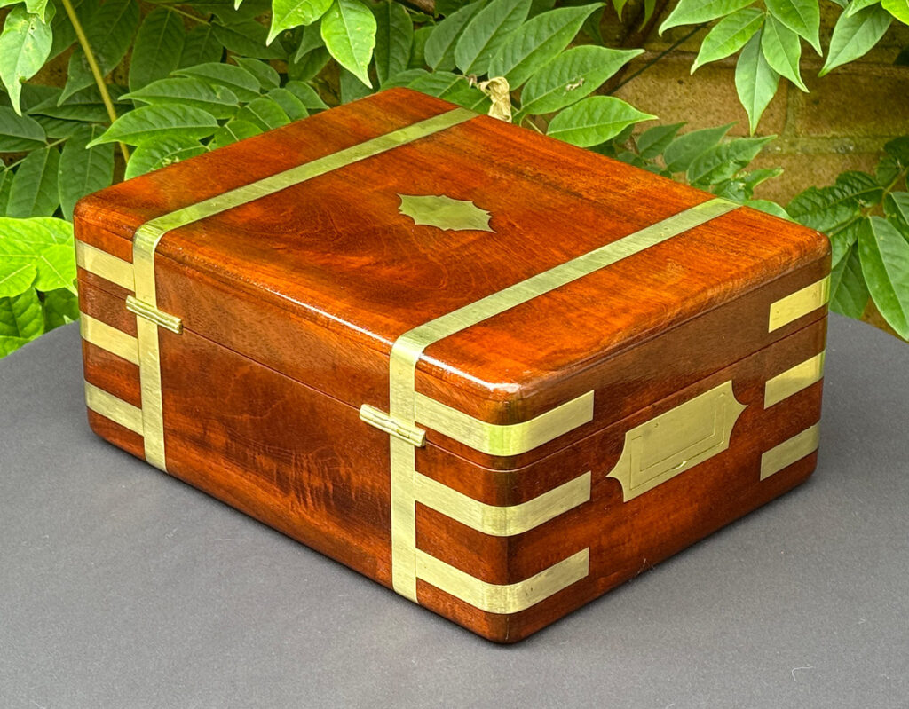 Rear left view of an Antique Travelling Jewellery Box in Solid Mahogany.