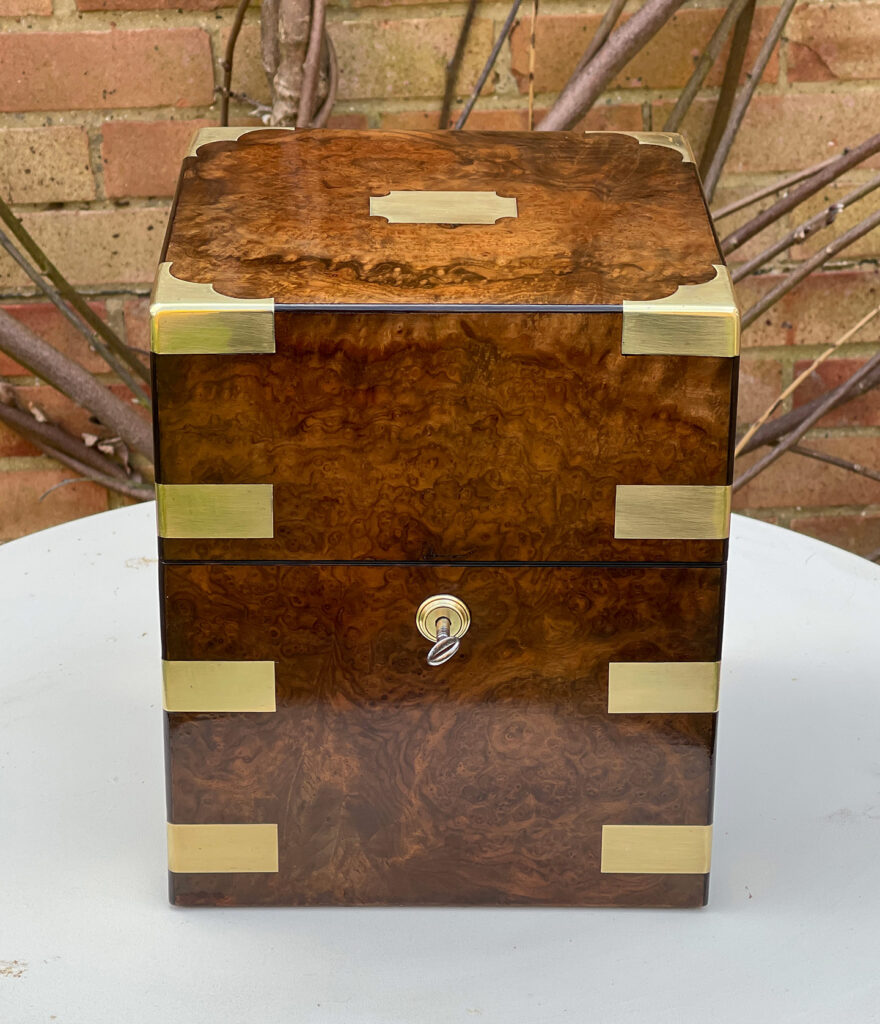 Front view of an Antique Jewellery Box in Burr Walnut.
