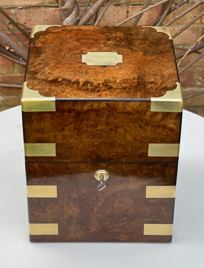 Front overhead view of an Antique Jewellery Box in Burr Walnut.