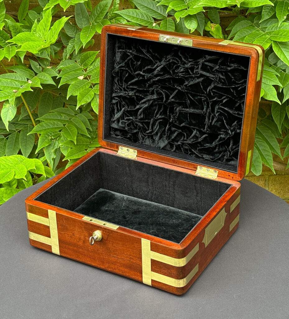 Front right internal view of an Antique Travelling Jewellery Box in Solid Mahogany.