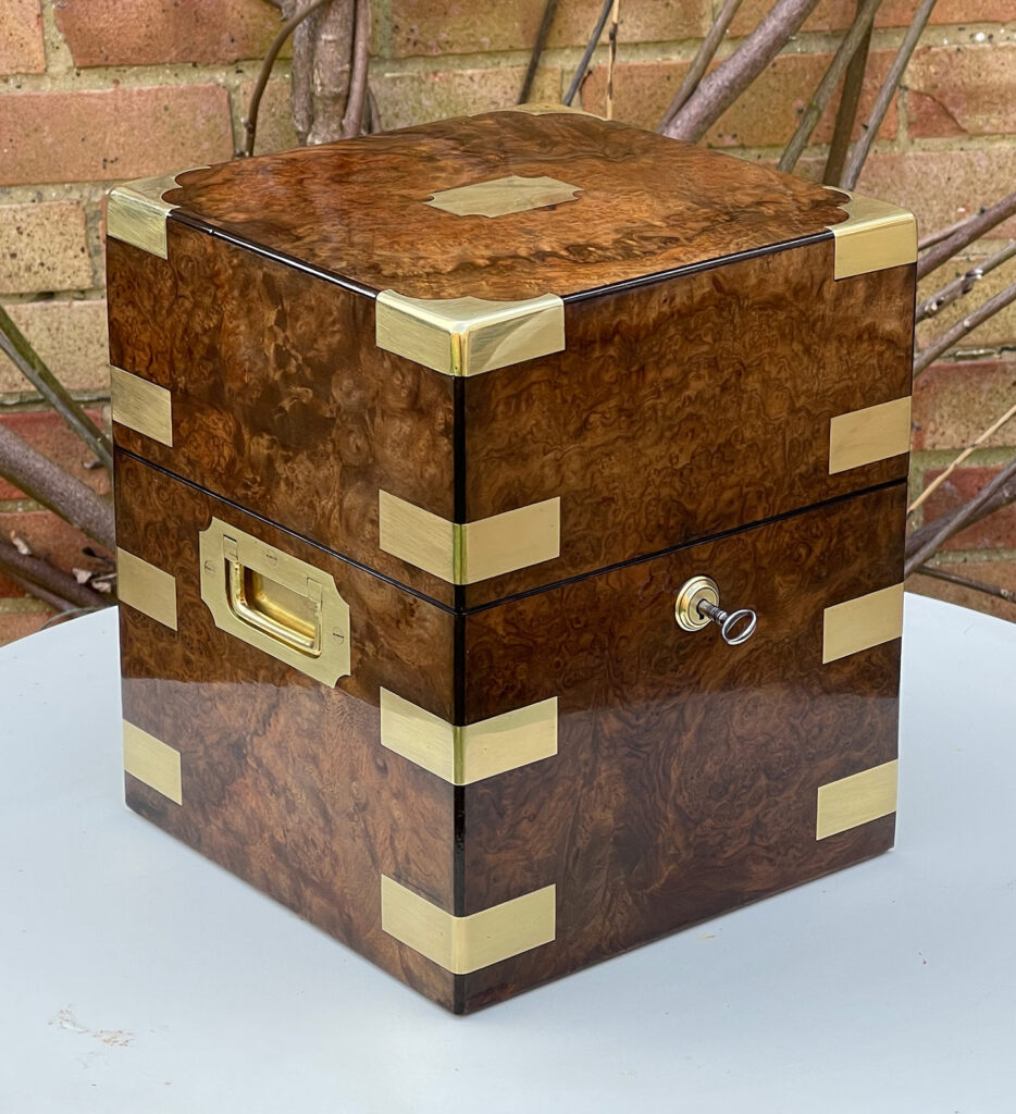 Front left view of an Antique Jewellery Box in Burr Walnut.