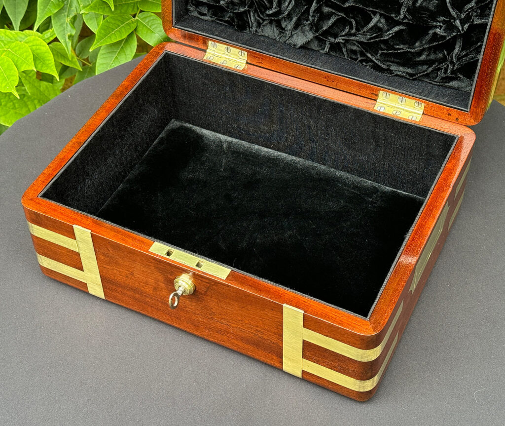 Overhead internal view of an Antique Travelling Jewellery Box in Solid Mahogany.
