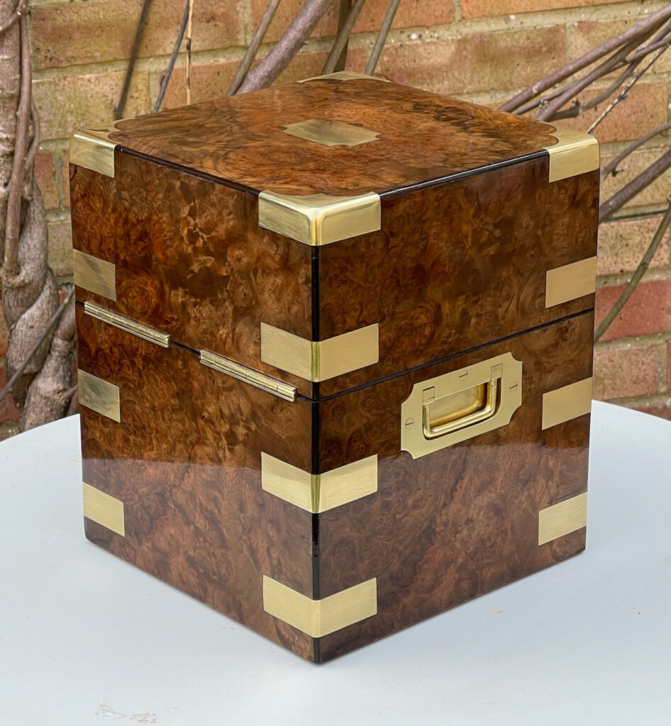 Rear left view of an Antique Jewellery Box in Burr Walnut.