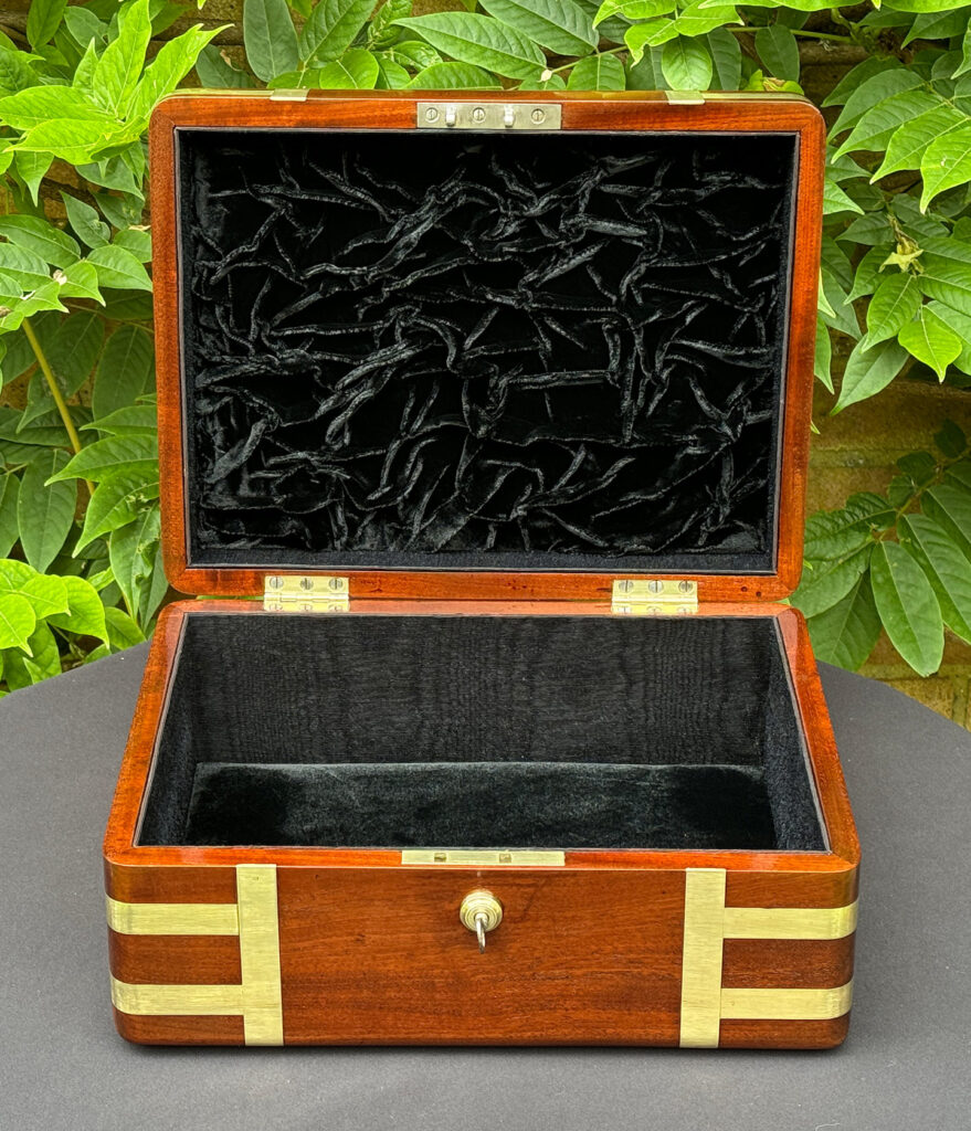 Front internal view of an Antique Travelling Jewellery Box in Solid Mahogany.