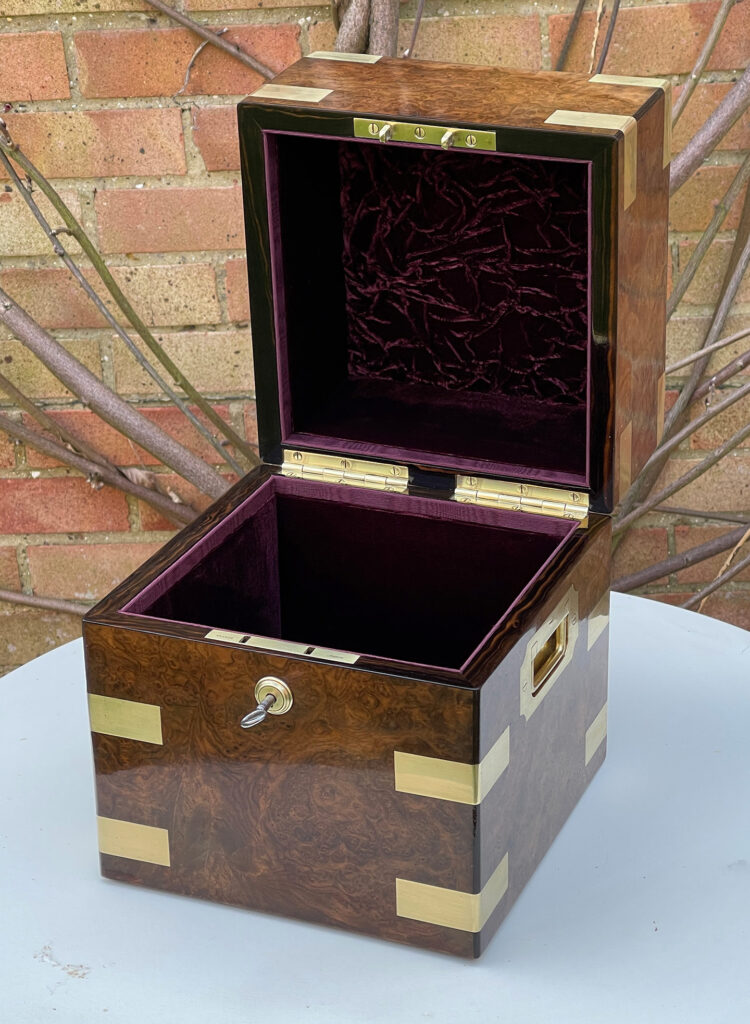 Front right internal view of an Antique Jewellery Box in Burr Walnut.