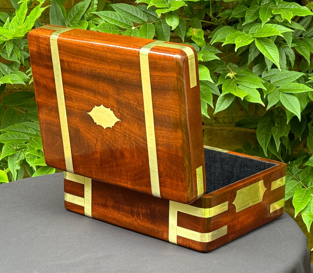 Rear open view of an Antique Travelling Jewellery Box in Solid Mahogany.