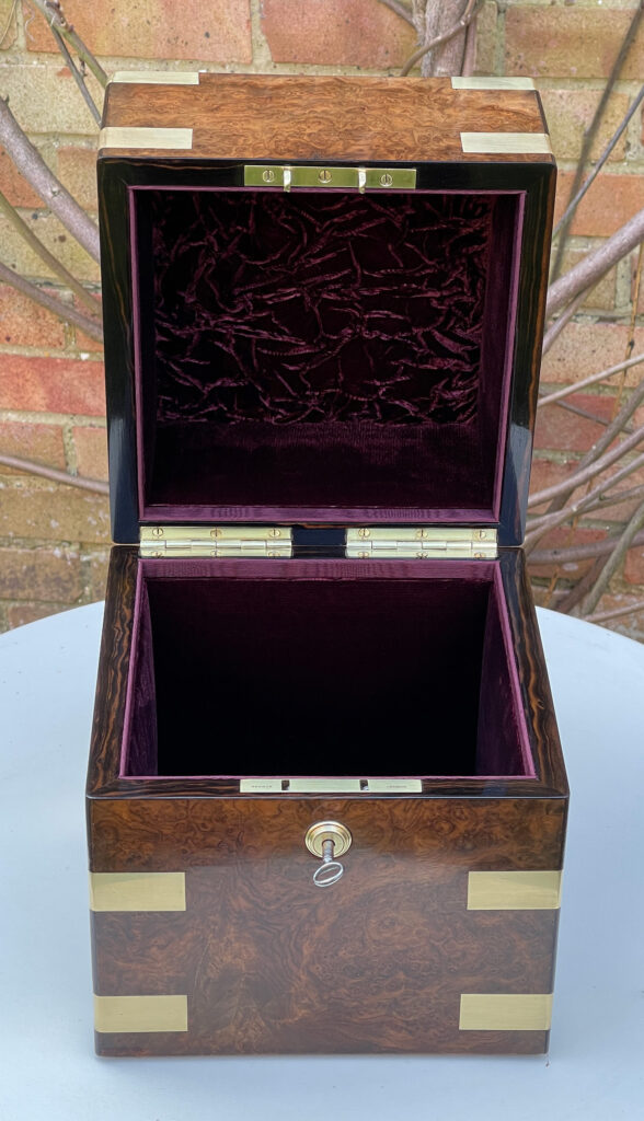 Front overhead internal view of an Antique Jewellery Box in Burr Walnut.