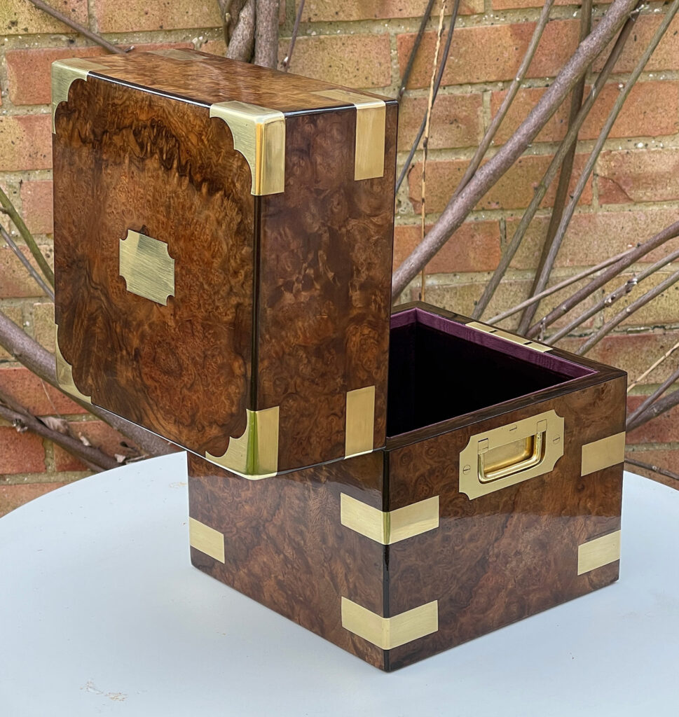 Rear open view of an Antique Jewellery Box in Burr Walnut.