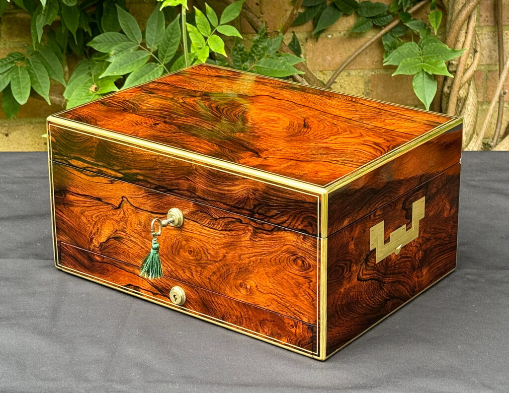 Front right view of an Antique Jewellery Box in Rosewood, by Edwards.