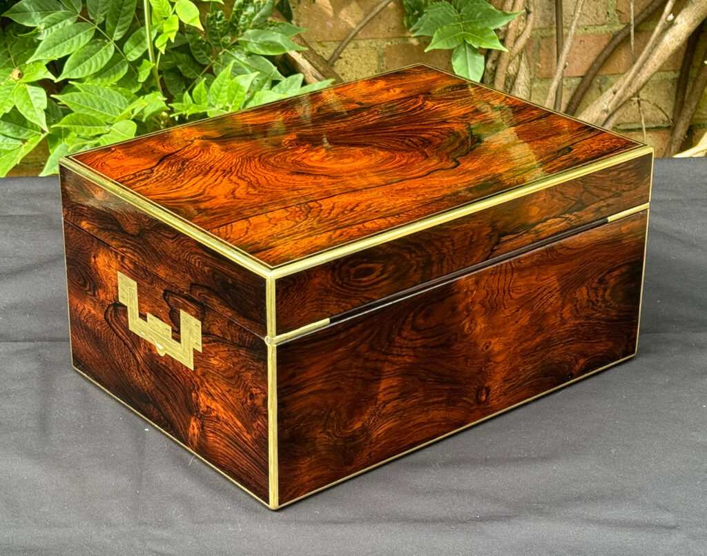 Rear right view of an Antique Jewellery Box in Rosewood, by Edwards.