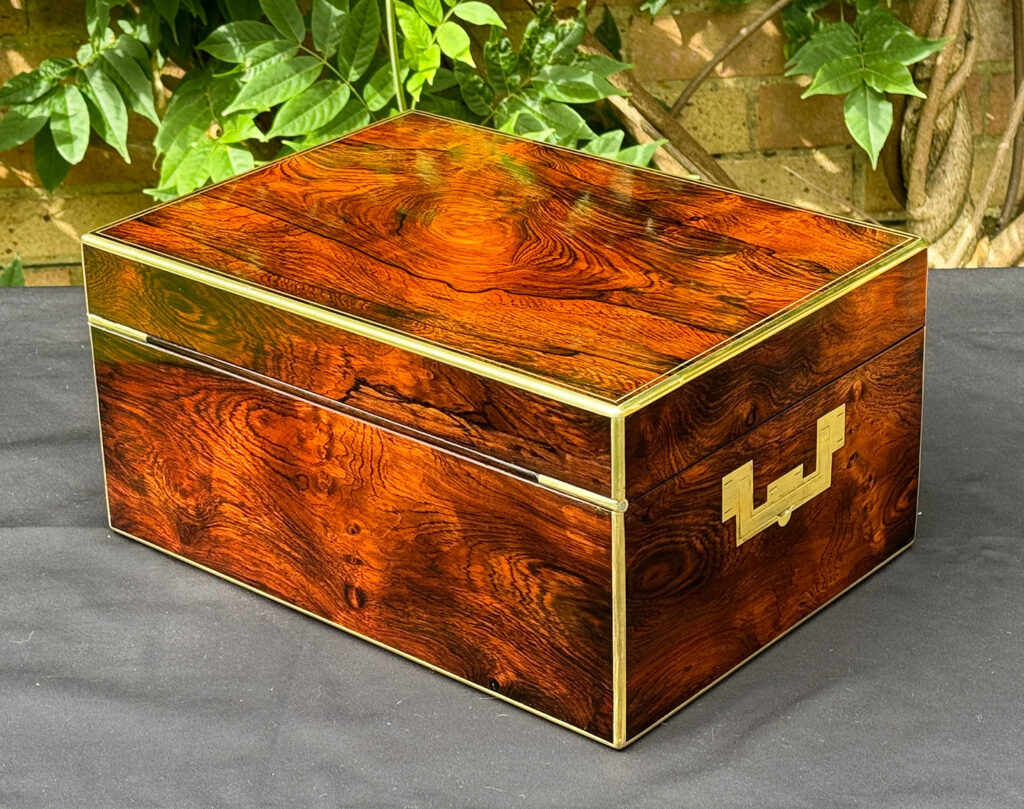 Rear left view of an Antique Jewellery Box in Rosewood, by Edwards.