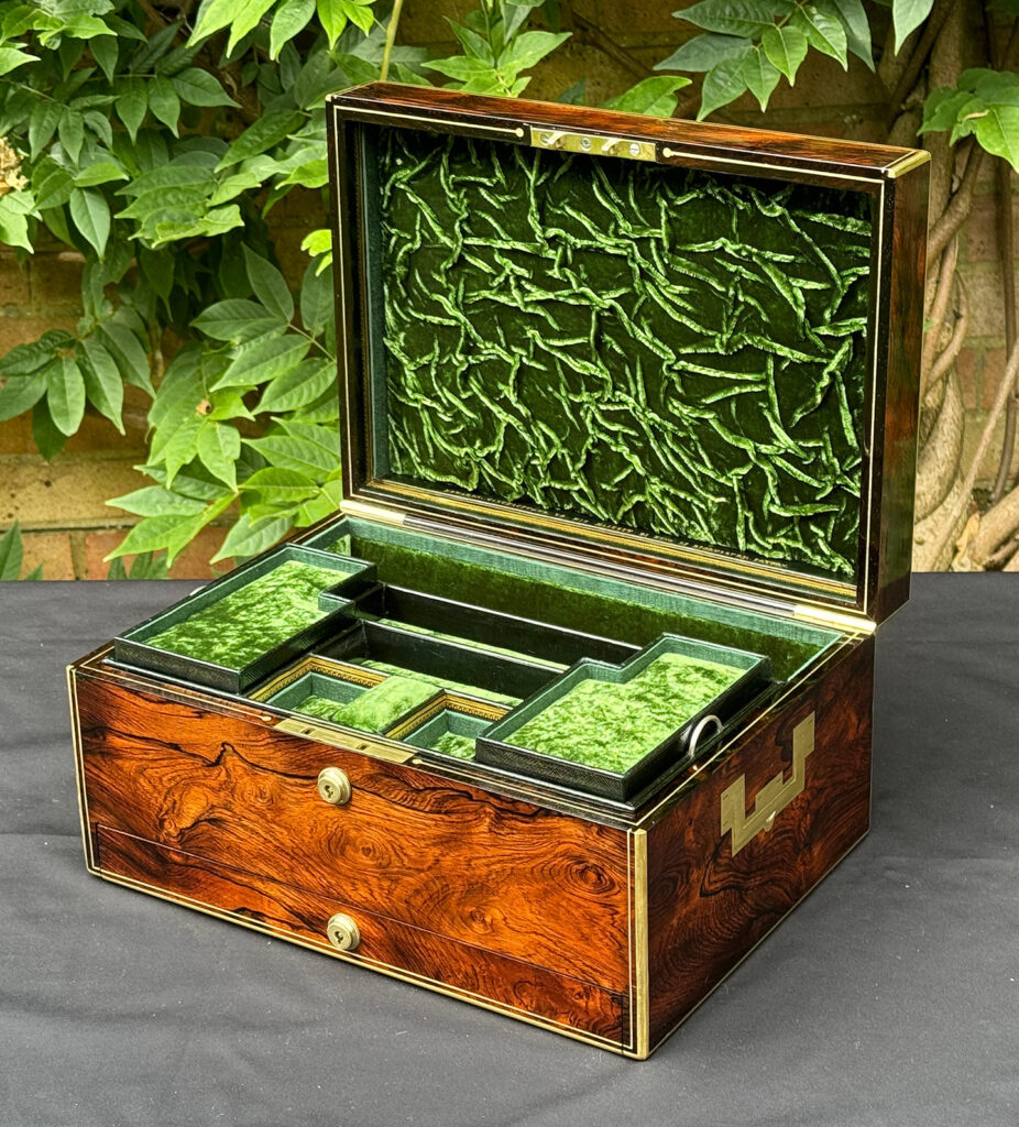 Front right internal view of an Antique Jewellery Box in Rosewood, by Edwards.