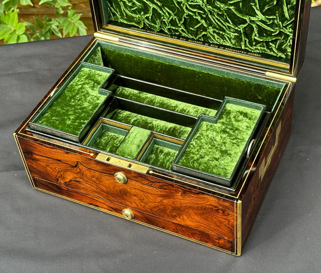 Closer overhead internal view of an Antique Jewellery Box in Rosewood, by Edwards.