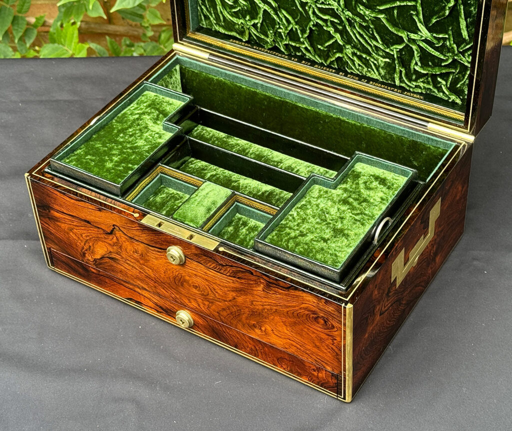 Closer internal view of an Antique Jewellery Box in Rosewood, by Edwards.