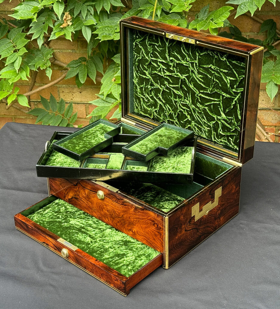 Front right overhead internal view of an Antique Jewellery Box in Rosewood, by Edwards.