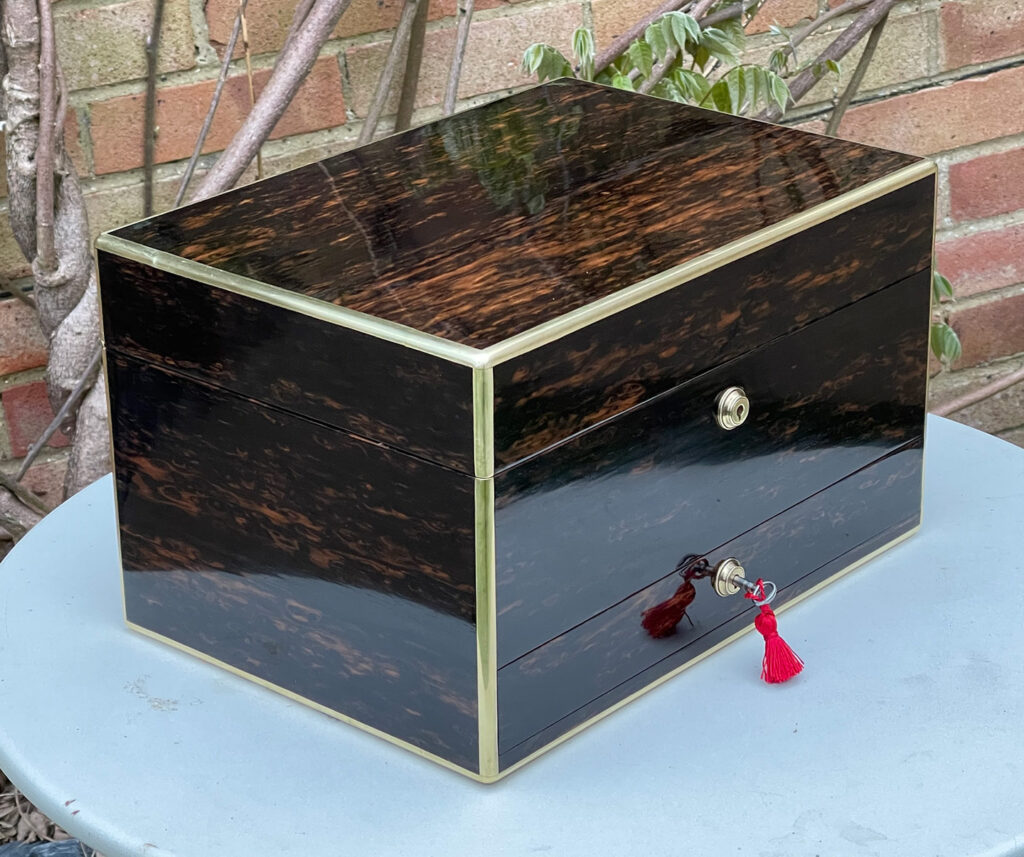 Front left view of an Antique Jewellery Box in Coromandel.