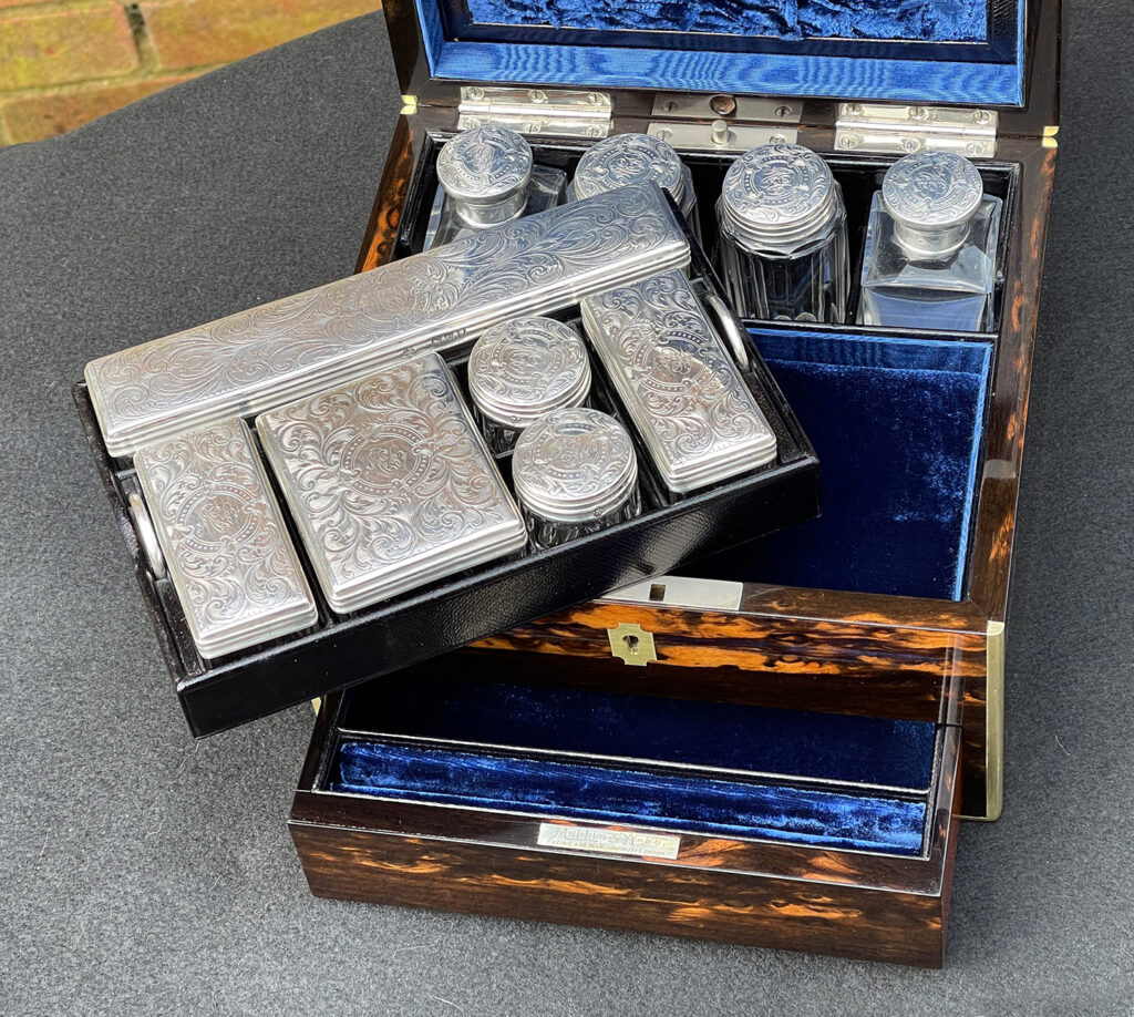 Closer internal view of the top tray from a Miniature Antique Dressing Case in Coromandel, by Betjemann and Sons.