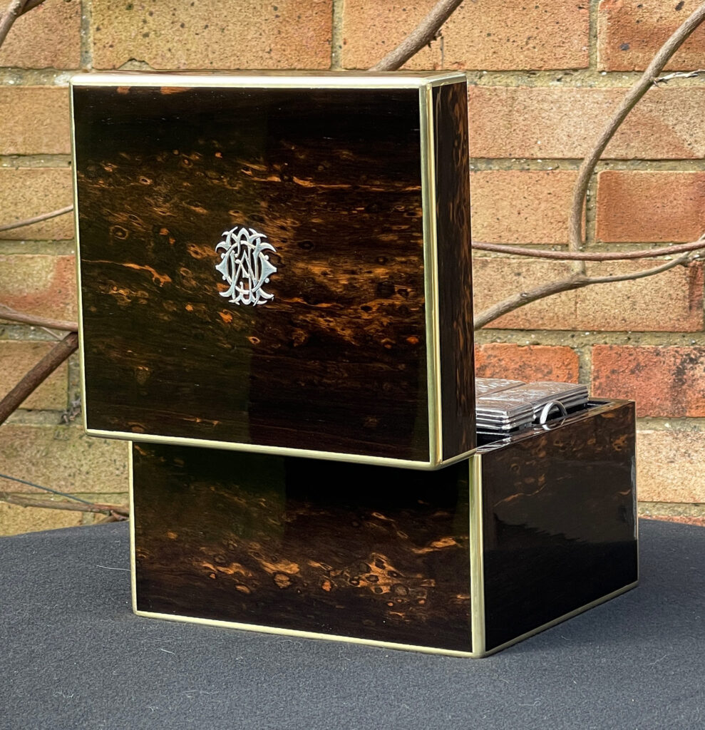 Rear open view of a Miniature Antique Dressing Case in Coromandel, by Betjemann and Sons.