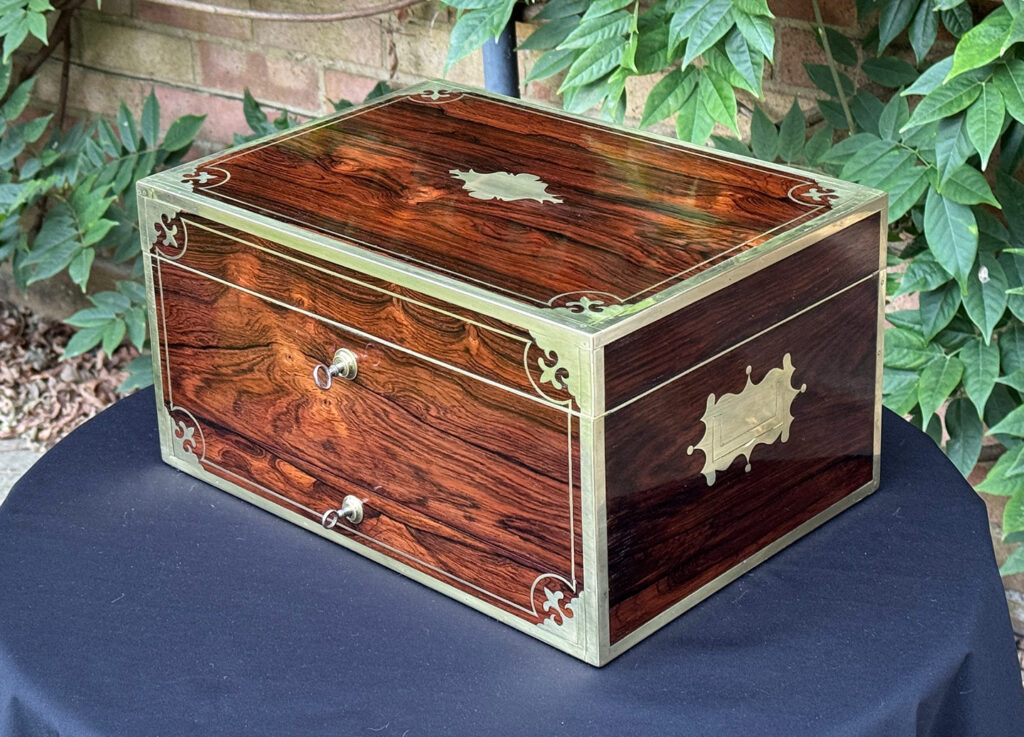 Front right view of an Antique Jewellery Box in Rosewood, by Edwards.