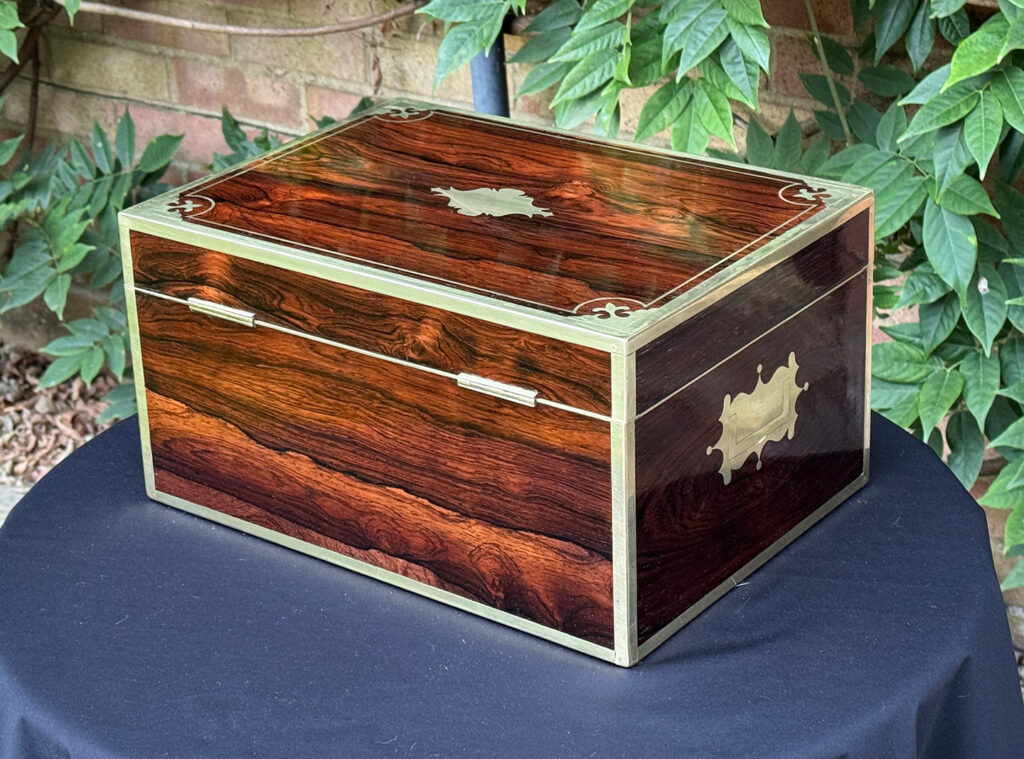 Rear left view of an Antique Jewellery Box in Rosewood, by Edwards.