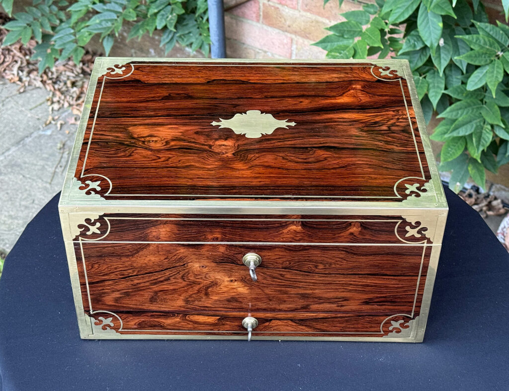 Overhead view of an Antique Jewellery Box in Rosewood, by Edwards.