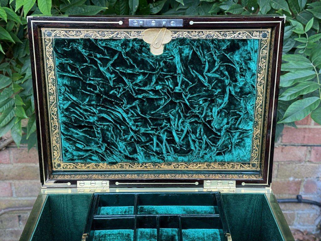 Close up of velvet ruching from an Antique Jewellery Box in Rosewood, by Edwards.
