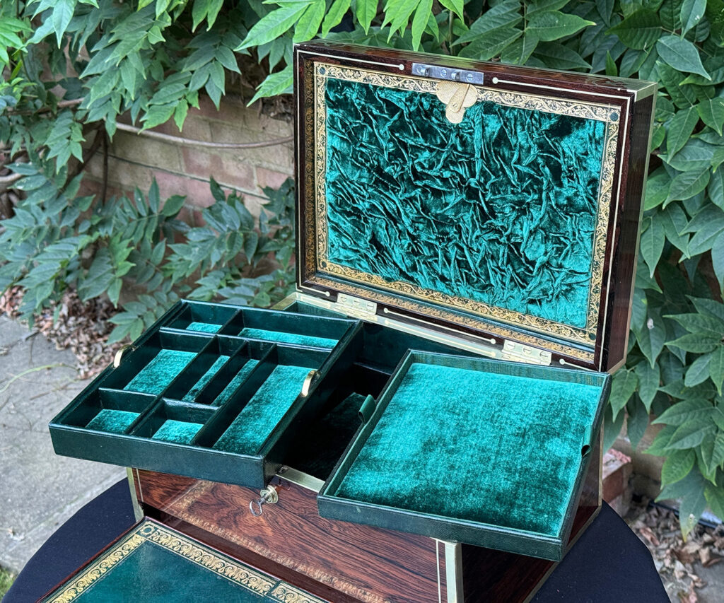 Overhead internal view of an Antique Jewellery Box in Rosewood, by Edwards with both trays removed