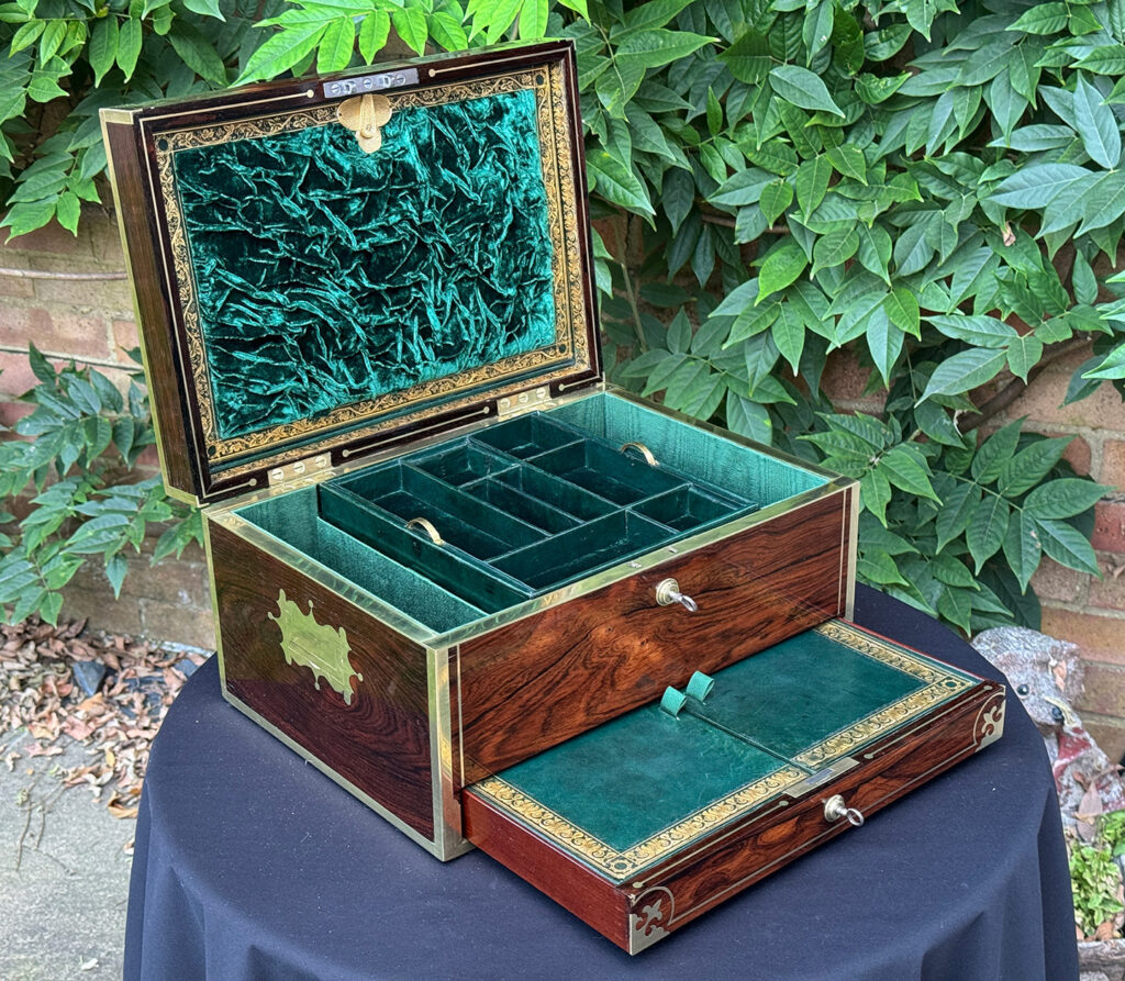 Front left internal view of an Antique Jewellery Box in Rosewood, by Edwards.