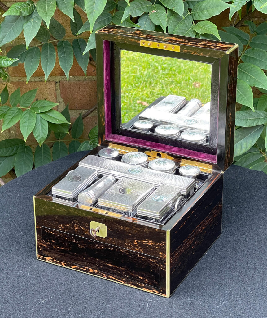 Front right internal view of a Miniature Antique Gentleman’s Dressing Case in Calamander.