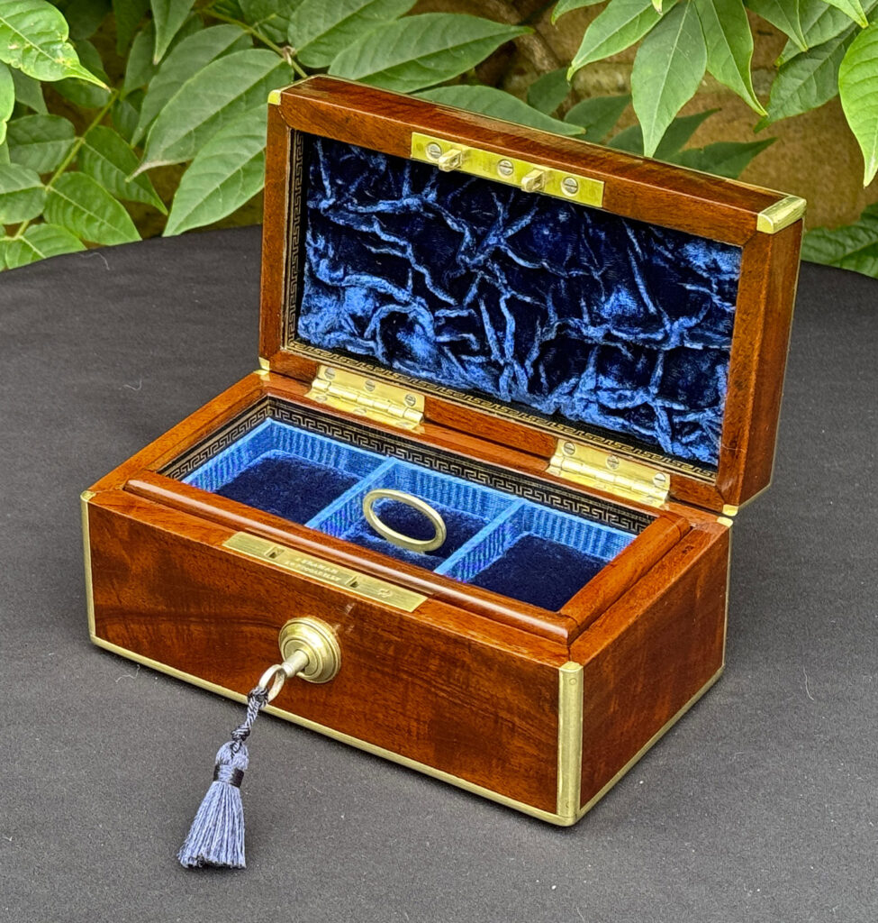 Front right internal view of a Miniature Antique Jewellery Box in Solid Mahogany.