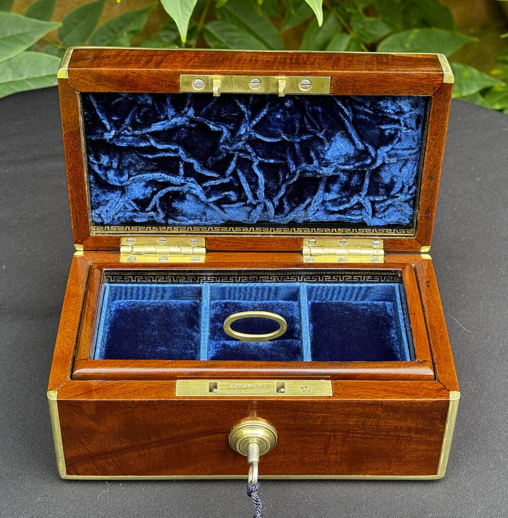 Front internal view of a Miniature Antique Jewellery Box in Solid Mahogany.