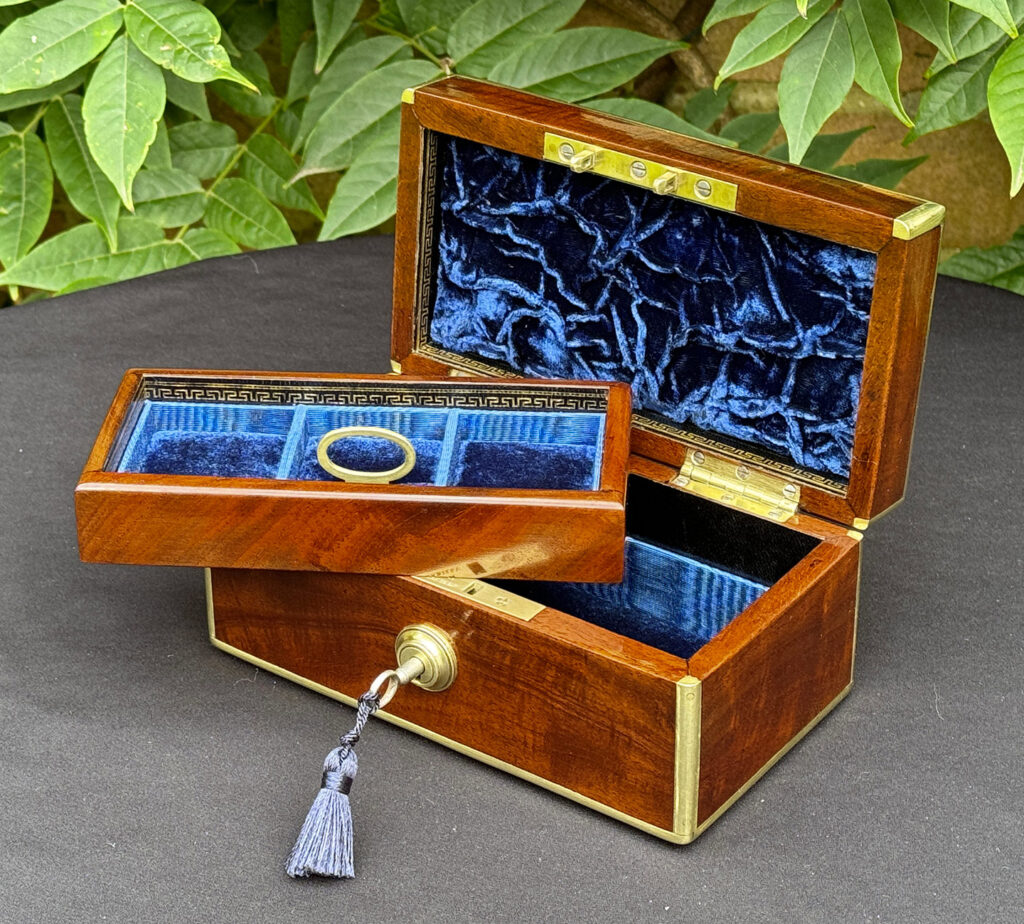 Front right internal view of a Miniature Antique Jewellery Box in Solid Mahogany.