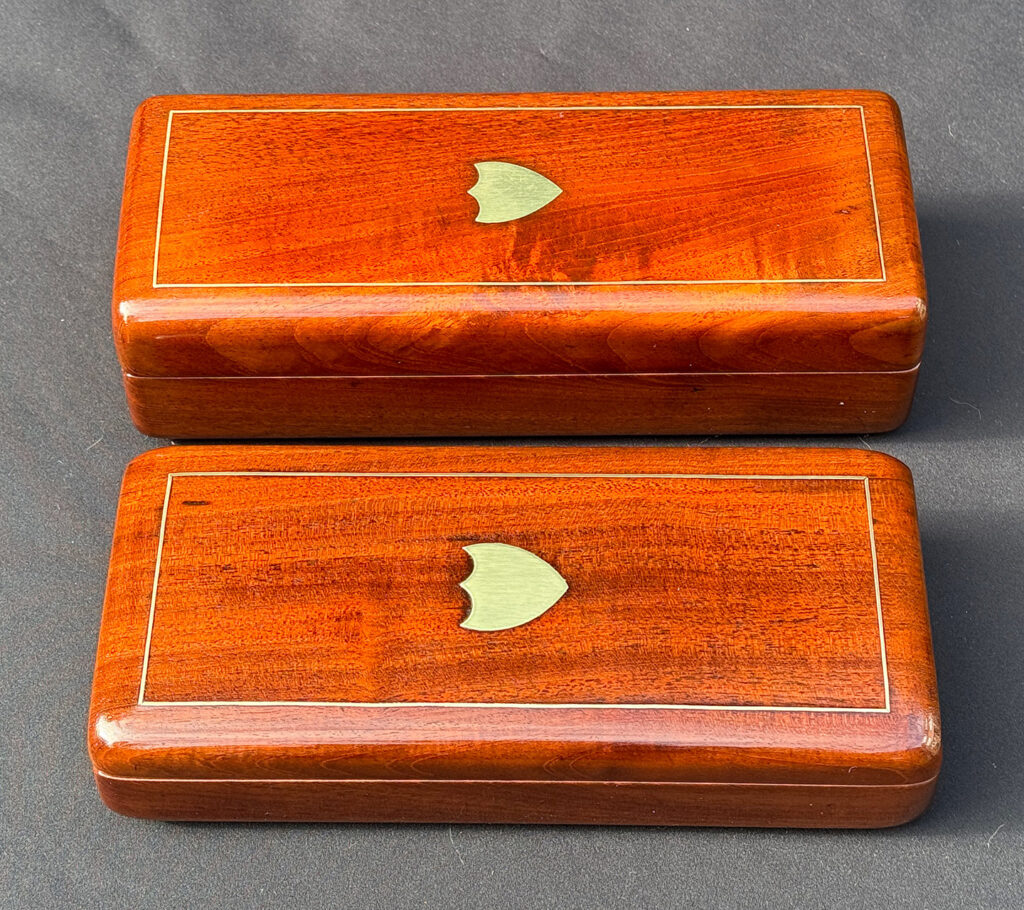 Top view of a Pair of Small French Antique Solid Mahogany Jewellery Boxes.