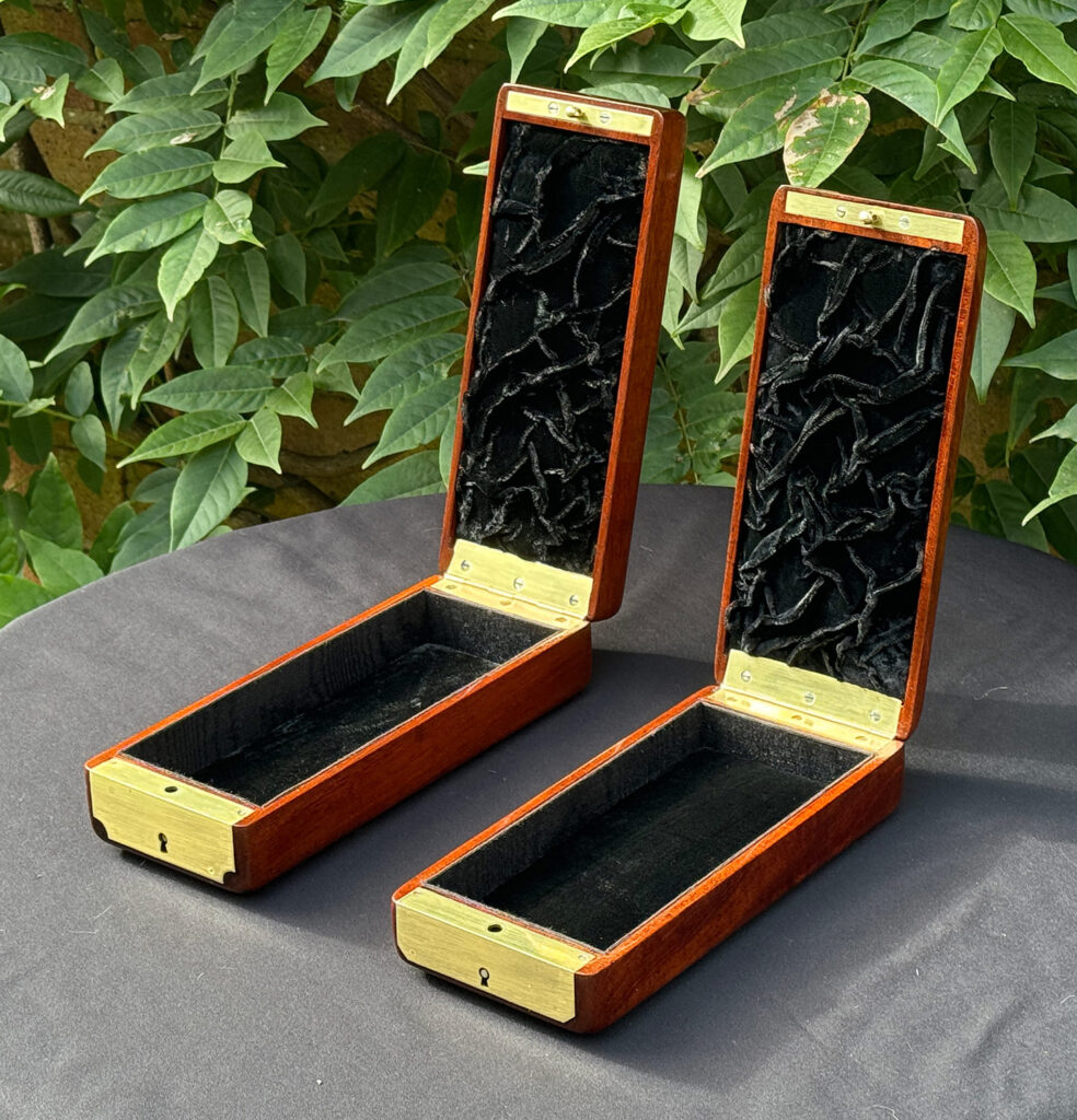 Front right internal view of a Pair of Small French Antique Solid Mahogany Jewellery Boxes.