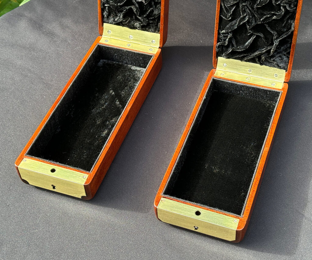 Overhead internal view of a Pair of Small French Antique Solid Mahogany Jewellery Boxes.