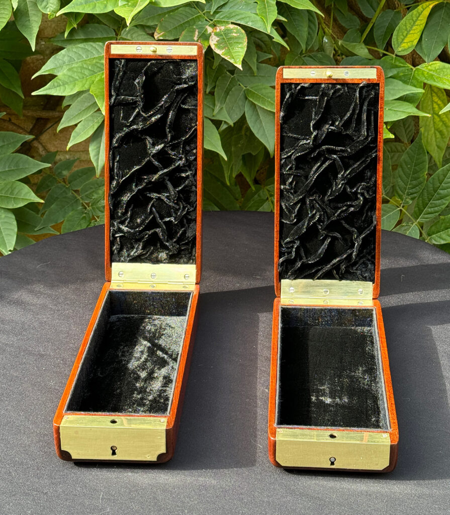 Front internal view of a Pair of Small French Antique Solid Mahogany Jewellery Boxes.