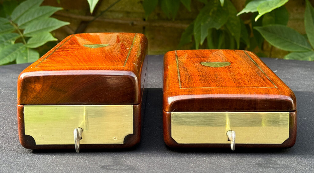 Front view of a Pair of Small French Antique Solid Mahogany Jewellery Boxes.