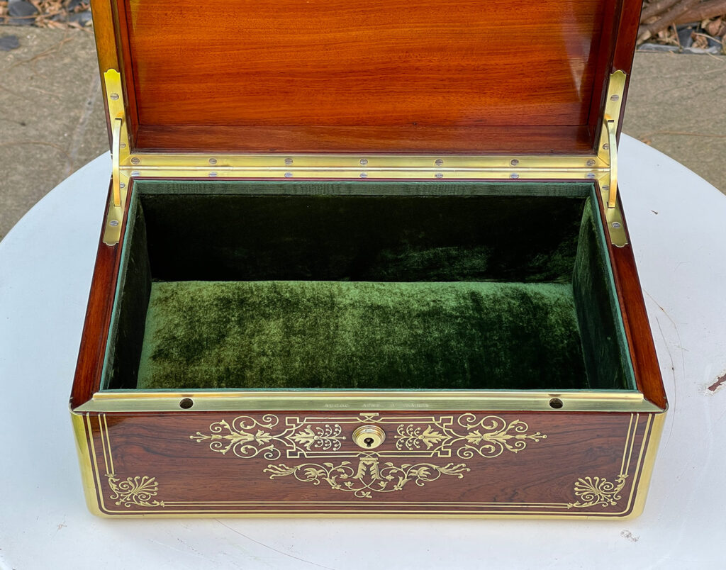 Overhead internal view of a French Antique Jewellery Box in Rosewood with Delicate Brass Inlay, by Aucoc Ainé.