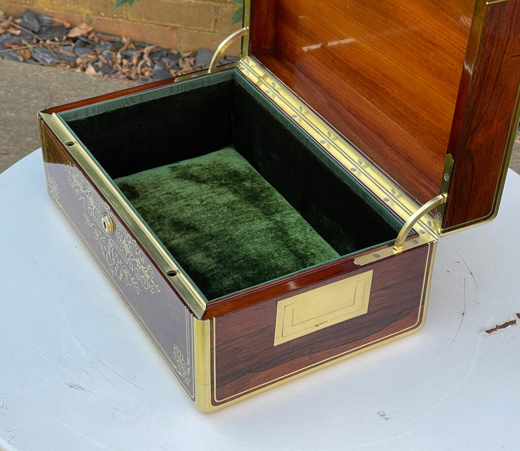 Right side internal view of a French Antique Jewellery Box in Rosewood with Delicate Brass Inlay, by Aucoc Ainé.