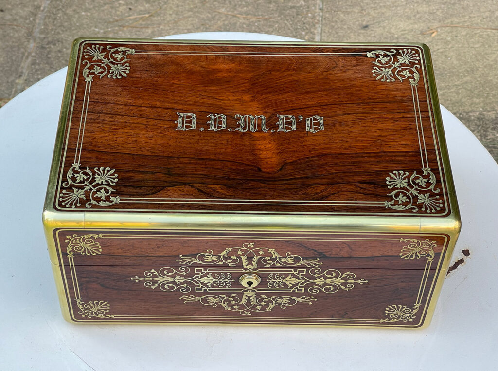 Overhead view of a French Antique Jewellery Box in Rosewood with Delicate Brass Inlay, by Aucoc Ainé.
