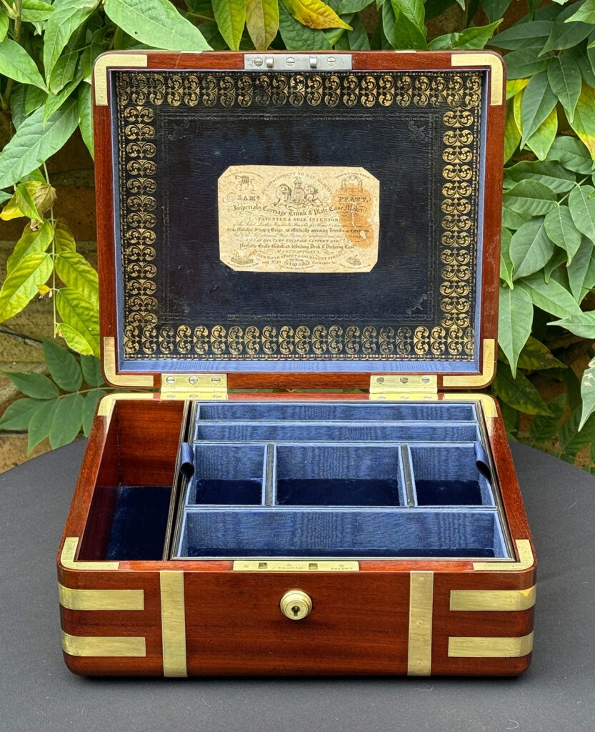 Front internal view of an Antique Radial Edged Travelling Jewellery Box in Mahogany.