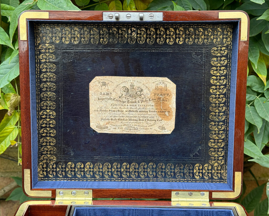 Paper makers label from an Antique Radial Edged Travelling Jewellery Box in Mahogany.