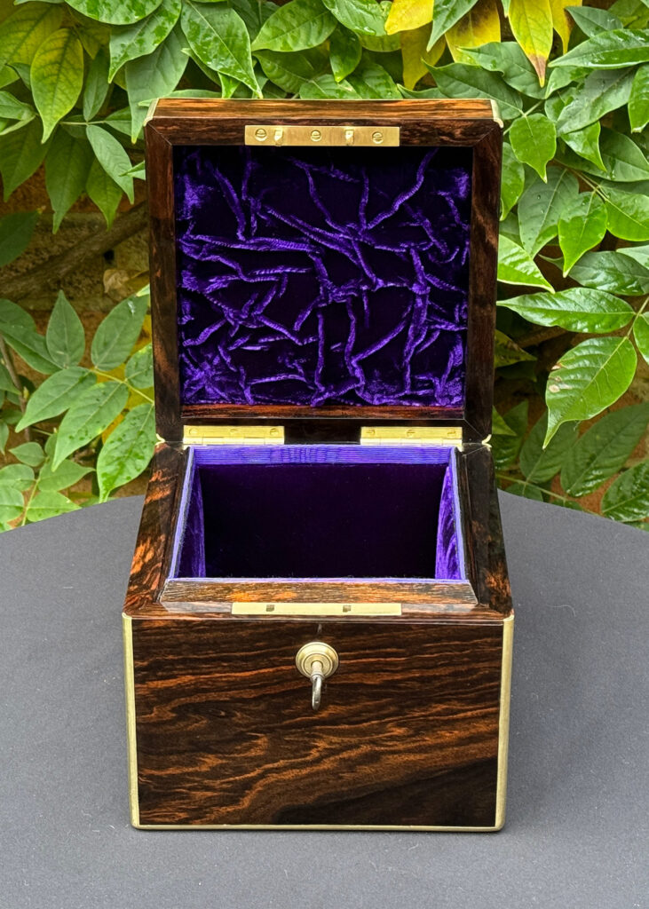 Front internal view of an Antique Miniature Coromandel Cubed Jewellery Box.