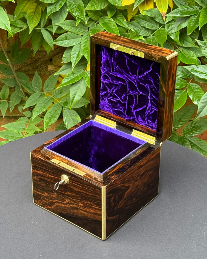 Front right internal view of an Antique Miniature Coromandel Cubed Jewellery Box.