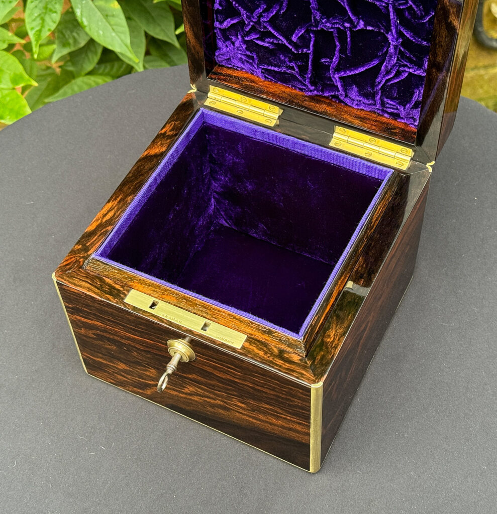 Overhead internal view of an Antique Miniature Coromandel Cubed Jewellery Box.