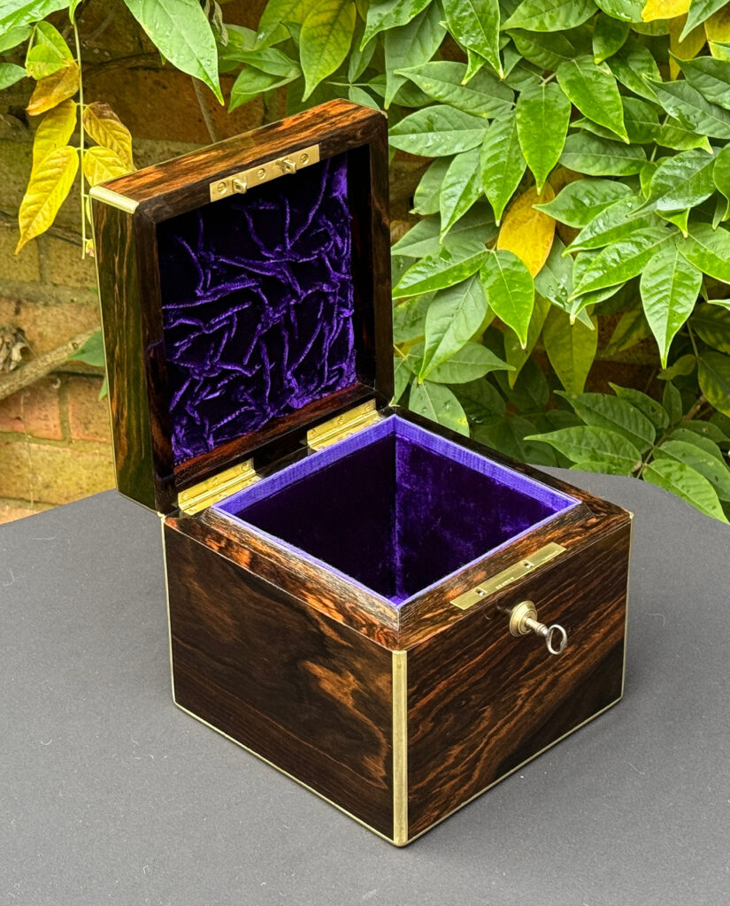 Front left internal view of an Antique Miniature Coromandel Cubed Jewellery Box.